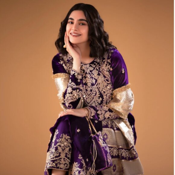 Faiza Saqlain “Madno” Velvet 3-Piece Set • Size M • Purple & Gold Formal - Picture 3 of 4